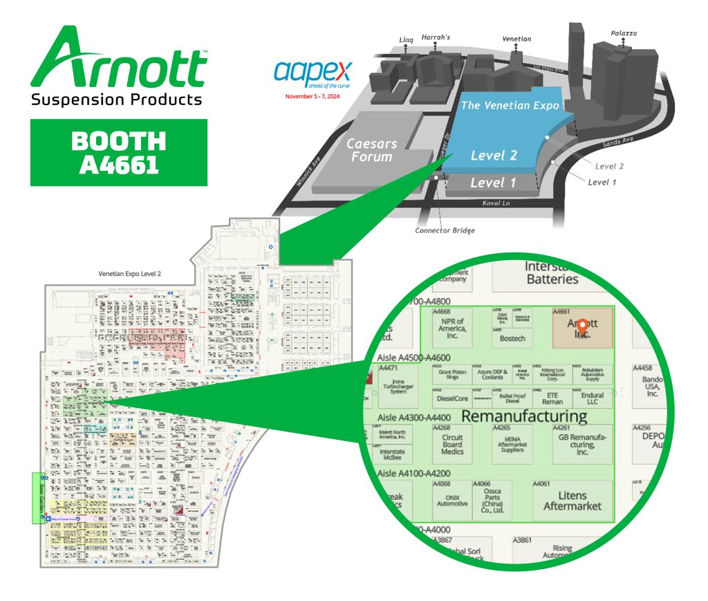 AAPEX 2024 Map to Arnott: The Venetian Expo, Level 2, Remannufacturing Section, Booth A4661